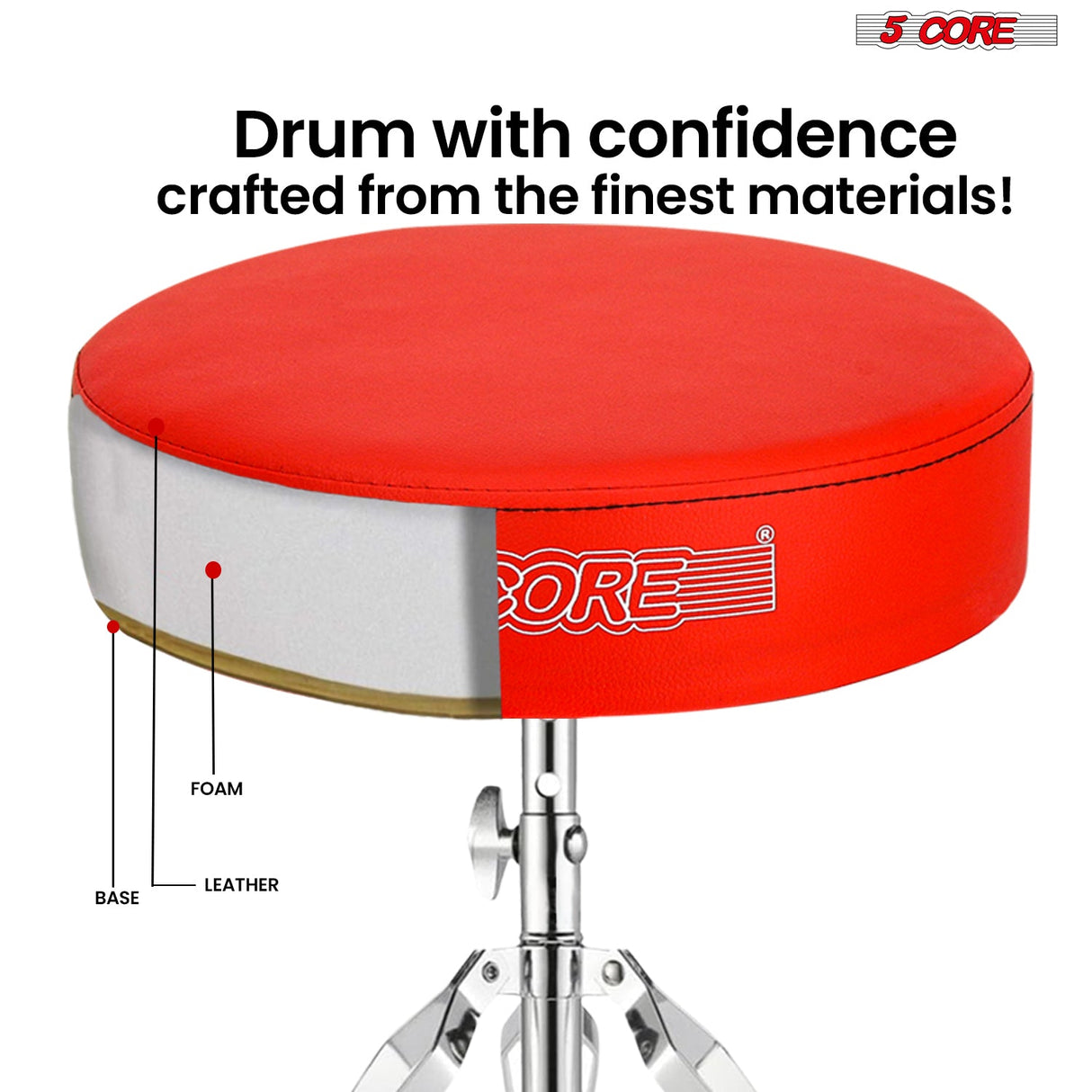 5Core Drum Throne Padded Adjustable Guitar Stool Drummer Seat for Adults & Kids RED