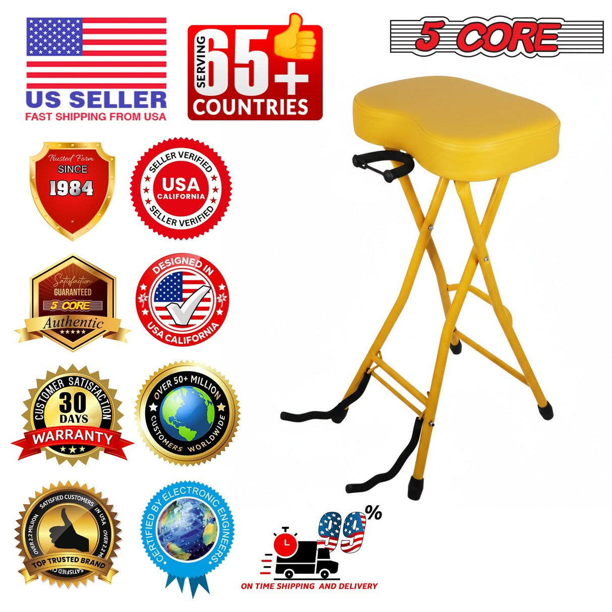 5 Core Guitar Stool 3.15" Padded Chair Foldable Music Seat w Built in Foot Rest Guitar Stand