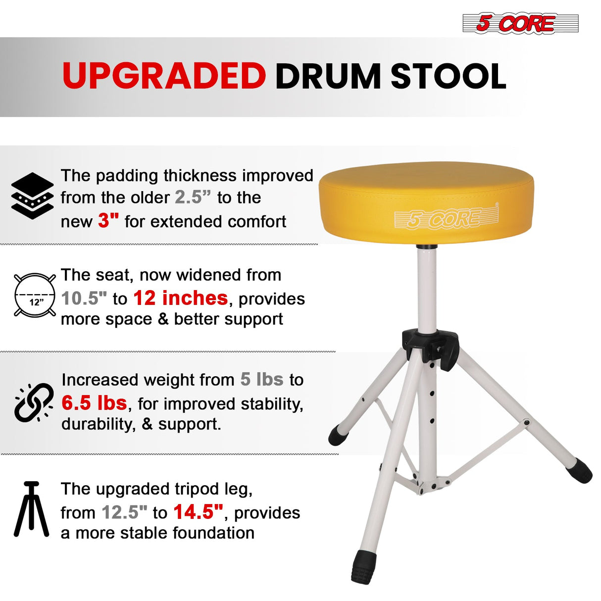 5 Core Drum Throne 3" Thick Padded Memory Foam Comfortable Drummer Stool 330Lb Capacity Adjustable