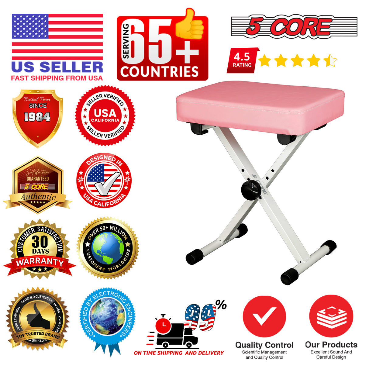 5 Core Keyboard Bench 3 Inch Padded Piano Stool Adjustable 20.5" Guitar Seat Heavy Duty Portable