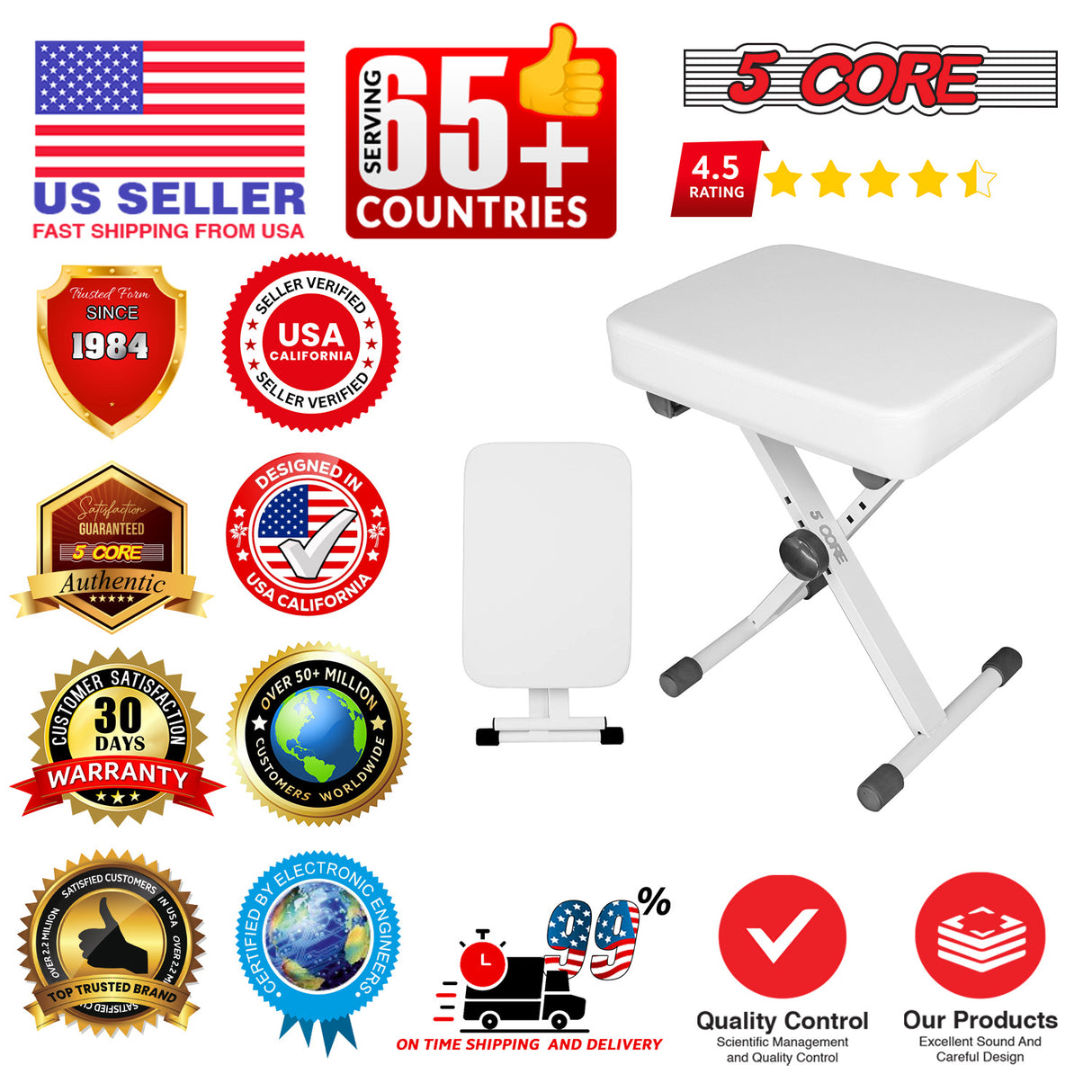 5 Core Keyboard Bench 3 Inch Padded Piano Stool Adjustable 20.5" Guitar Seat Heavy Duty Portable