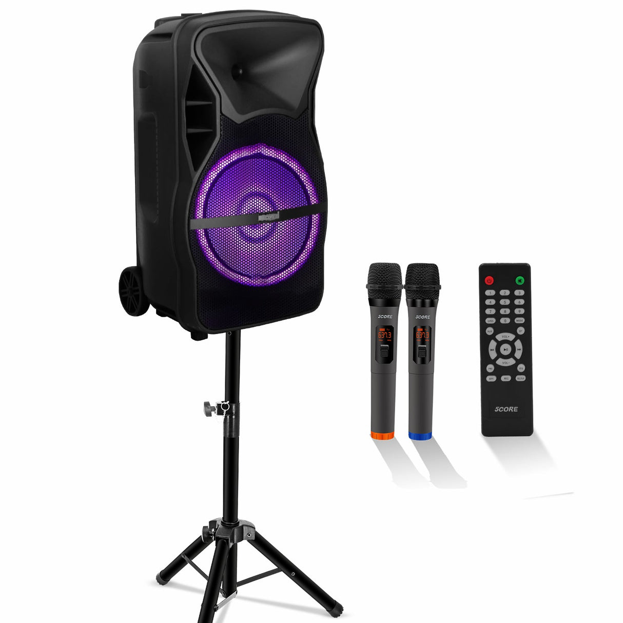 5Core 15 inch PA Portable Bluetooth Party Speaker Karaoke Boombox + 2 Wireless Mics
