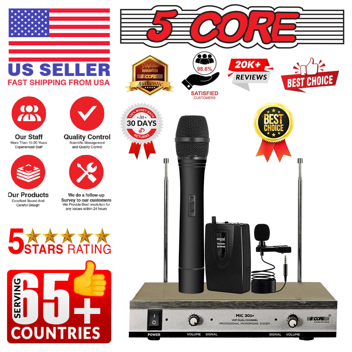 5Core Wireless Microphone VHF Handheld Microfono Inalambrico & 1 Collar Mic + Receiver