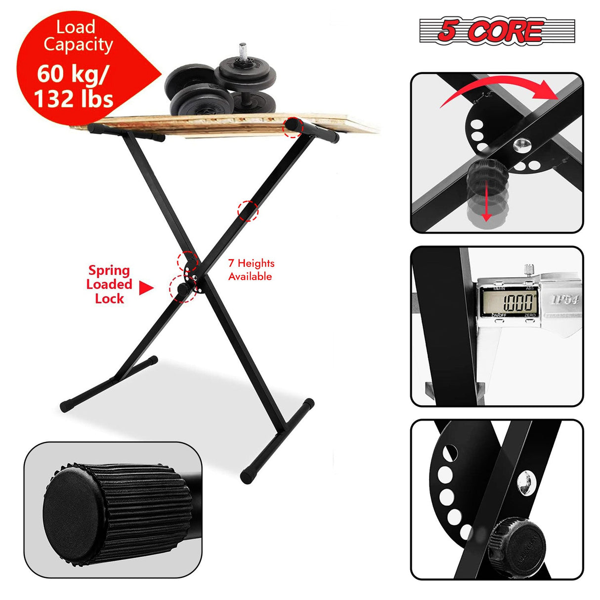 5Core Keyboard Stand Single X Style Adjustable Lift Piano Riser For 49 To 88 Keys BLACK