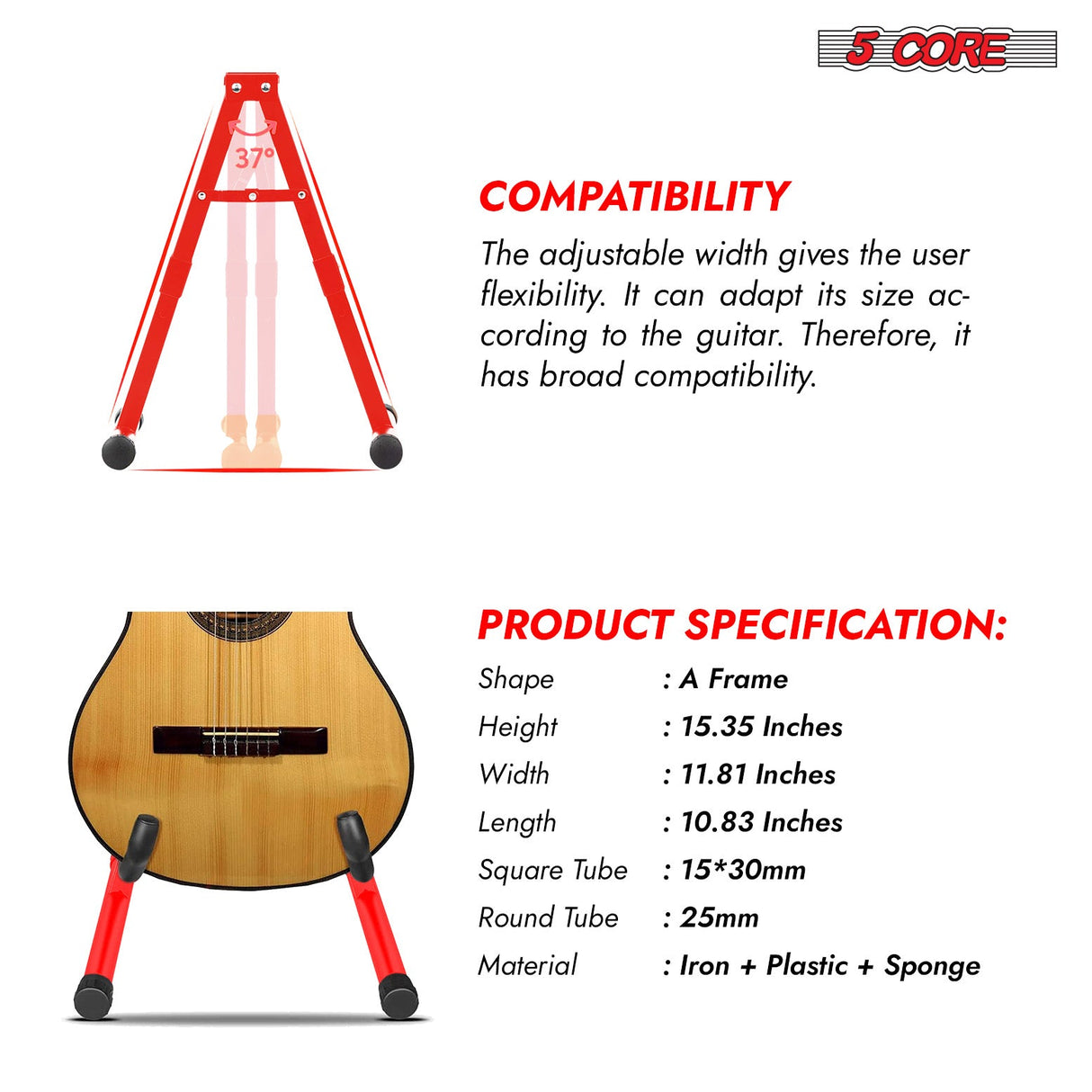 5Core Guitar Stand Floor A Frame Electric Acoustic Bass Soporte Para Guitarra RED