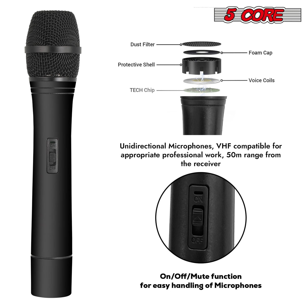 5Core Wireless Microphone VHF Handheld Microfono Inalambrico & 1 Collar Mic + Receiver