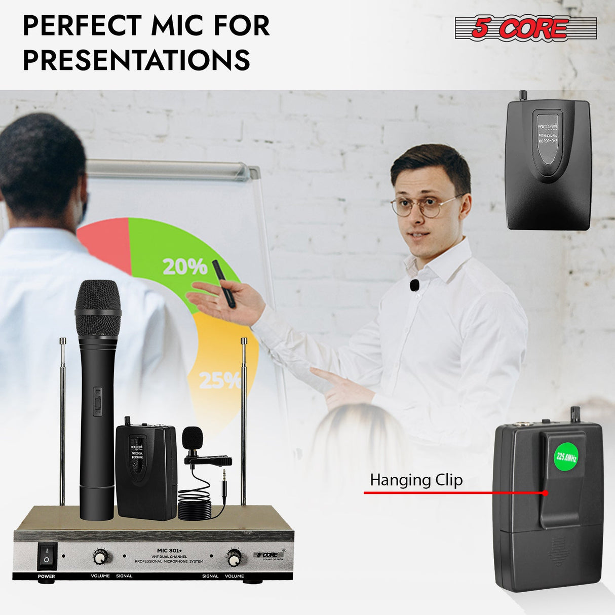 5Core Wireless Microphone VHF Handheld Microfono Inalambrico & 1 Collar Mic + Receiver