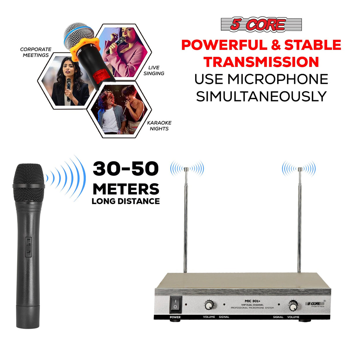 5Core Wireless Microphone VHF Handheld Microfono Inalambrico & 1 Collar Mic + Receiver