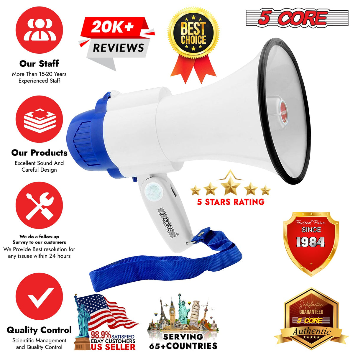 5Core Megaphone Bullhorn Speaker 30W Mini Bull Horn Battery Power Megafono 800 Feet USB BATTERY