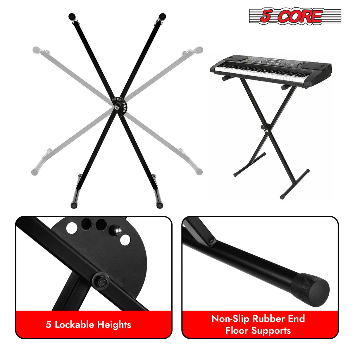 5Core Keyboard Stand Single X Style Adjustable Lift Piano Riser For 49 To 88 Keys BLACK