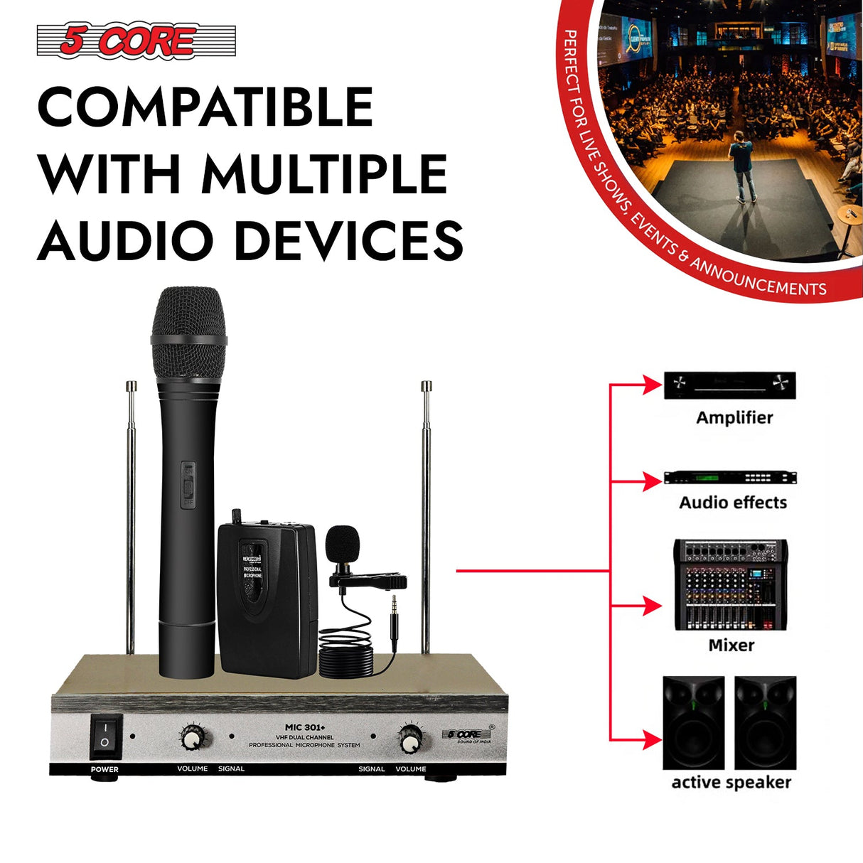 5Core Wireless Microphone VHF Handheld Microfono Inalambrico & 1 Collar Mic + Receiver