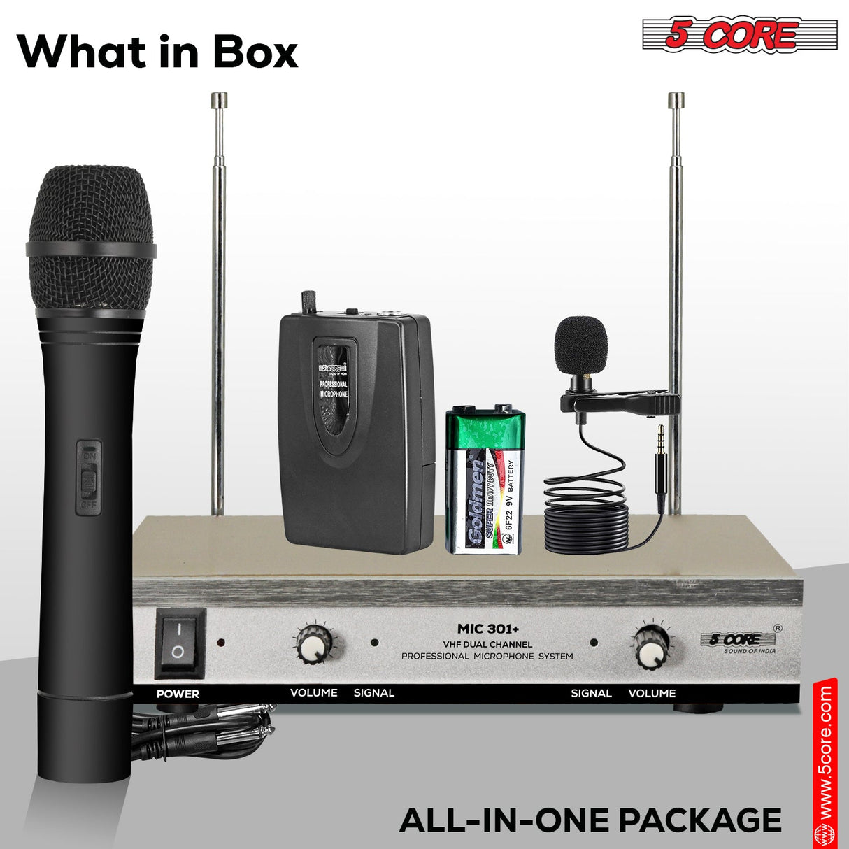 5Core Wireless Microphone VHF Handheld Microfono Inalambrico & 1 Collar Mic + Receiver