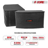 5Core 8 Inch Car Subwoofer Box Black 800W Peak 8 Ohm Vented Trunk Speaker Sub Woofer