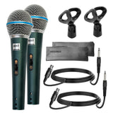 Two green microphones with accessories
