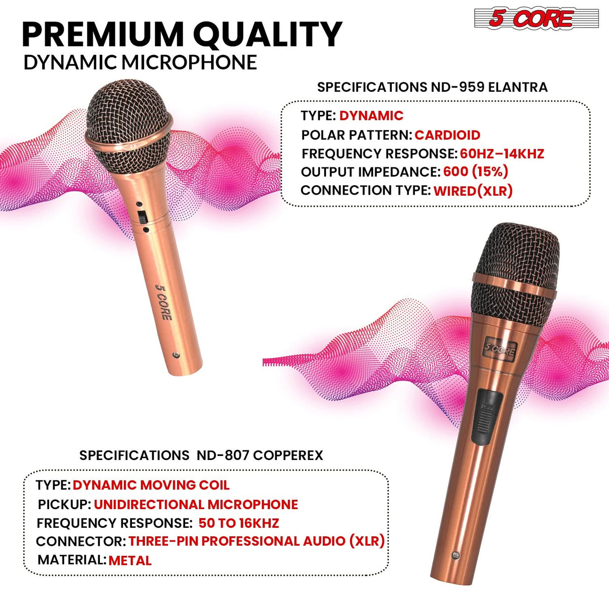 5Core Couple Karaoke Microphone Pair Handheld Dynamic XLR Mic for Him & Her Clear Sound Stylish Look