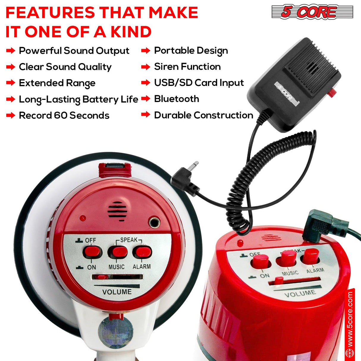 Bullhorn with powerful sound, Bluetooth, USB/SD input, siren, 60-sec recording, and durable build.