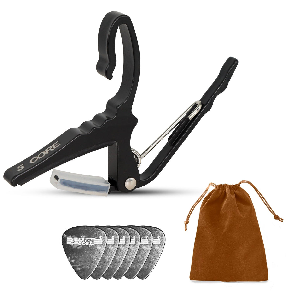 5Core Capo Aluminum Universal Guitar String Clip w Metal Spring + 6Pcs Guitar Picks + Carry Bag