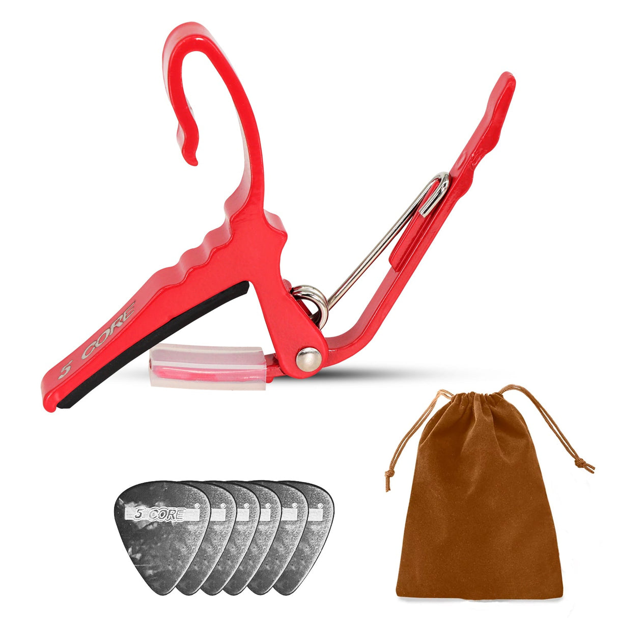 5Core Capo Aluminum Universal Guitar String Clip w Metal Spring + 6Pcs Guitar Picks + Carry Bag