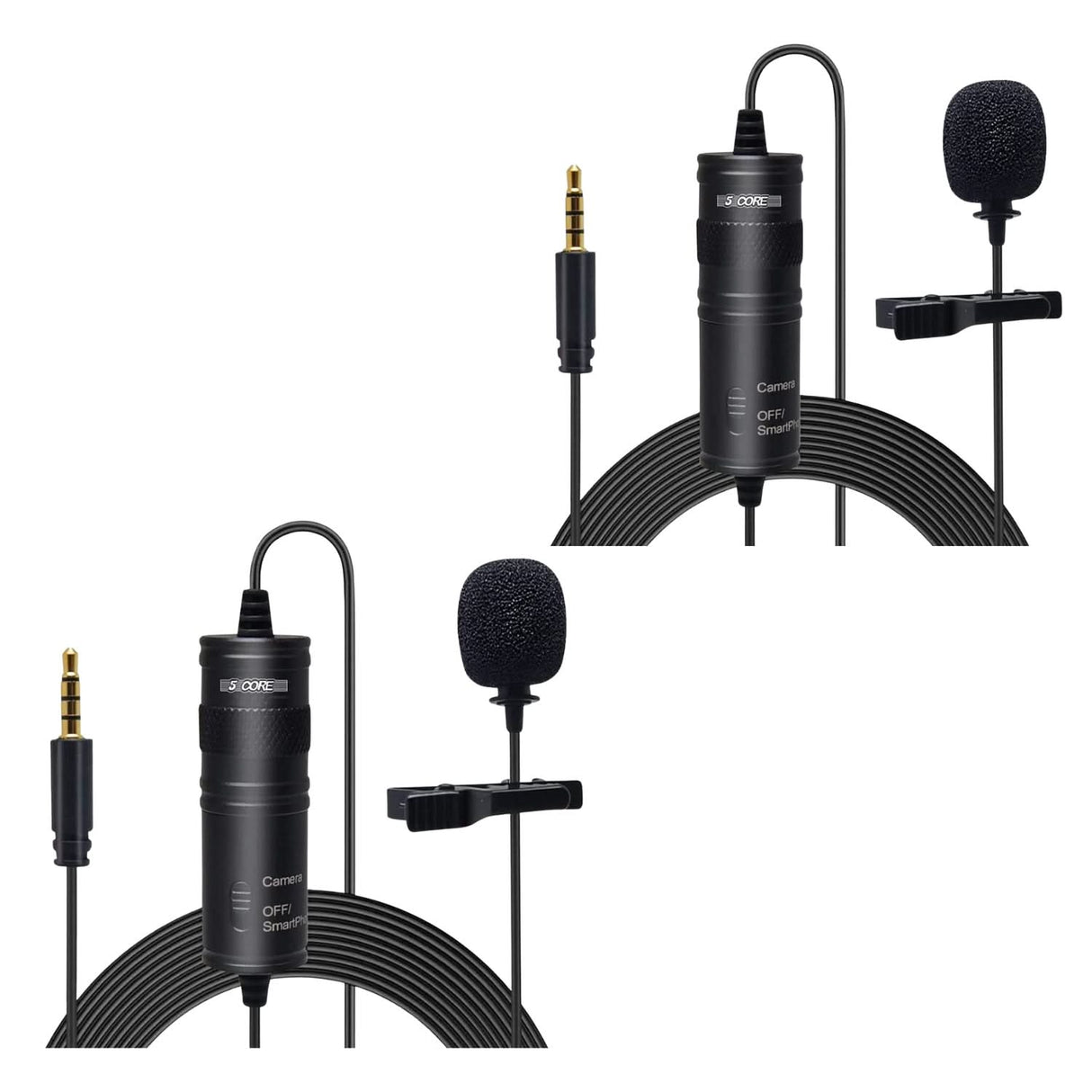 Two views of a black microphone with cable