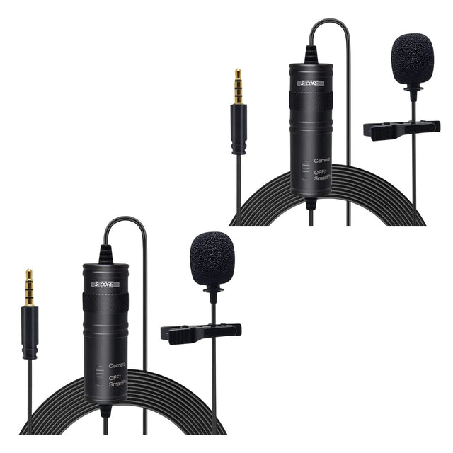 Two views of a black microphone with cable