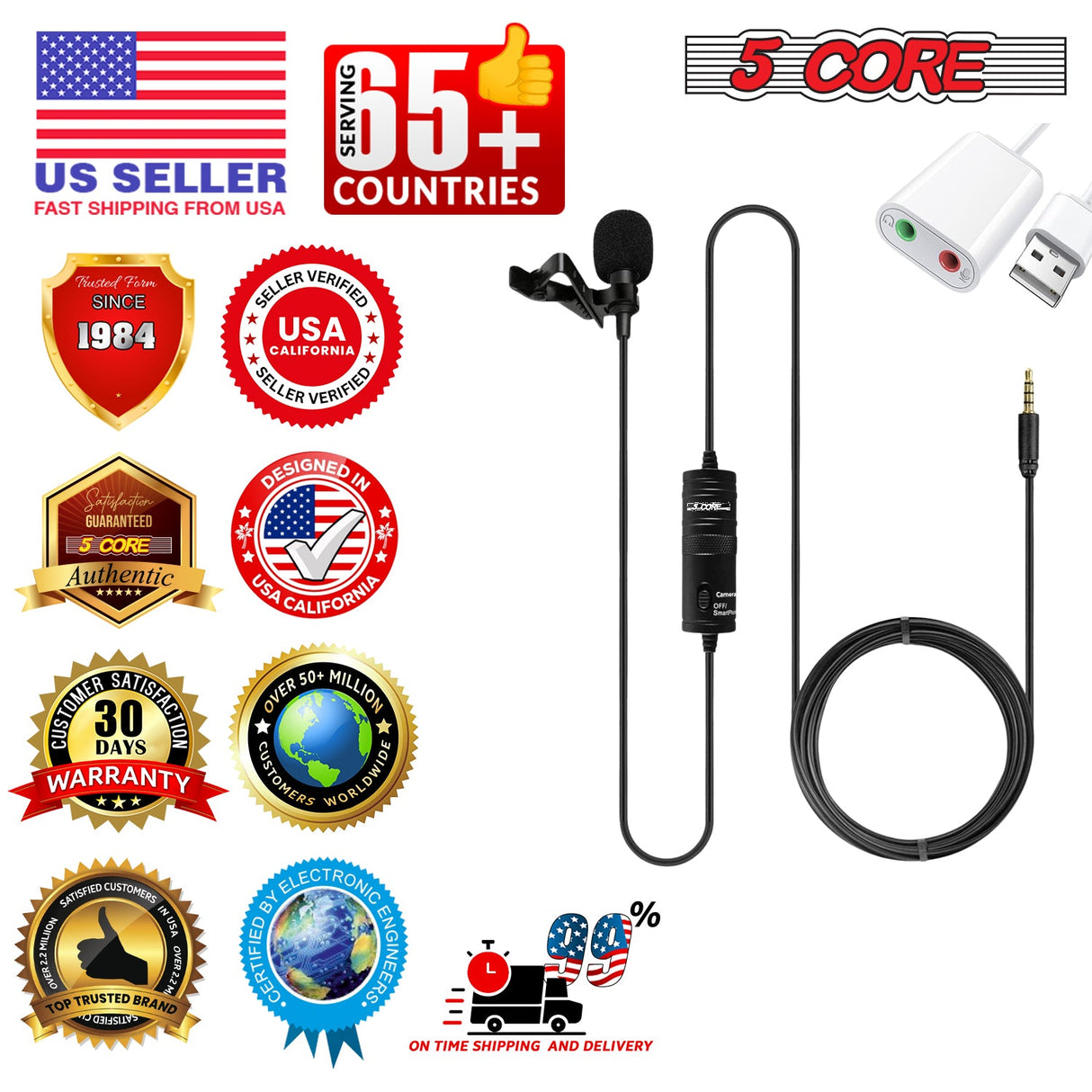 5 Core Microphone 2Pc Lavalier Mic Wearable Omnidirectional Condenser 3.5mm Body Lapel Mics