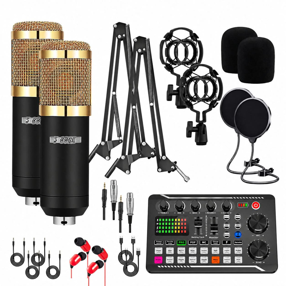 5 Core Podcast Equipment Bundle w Condenser Mic Voice Changer Audio Mixer Pair