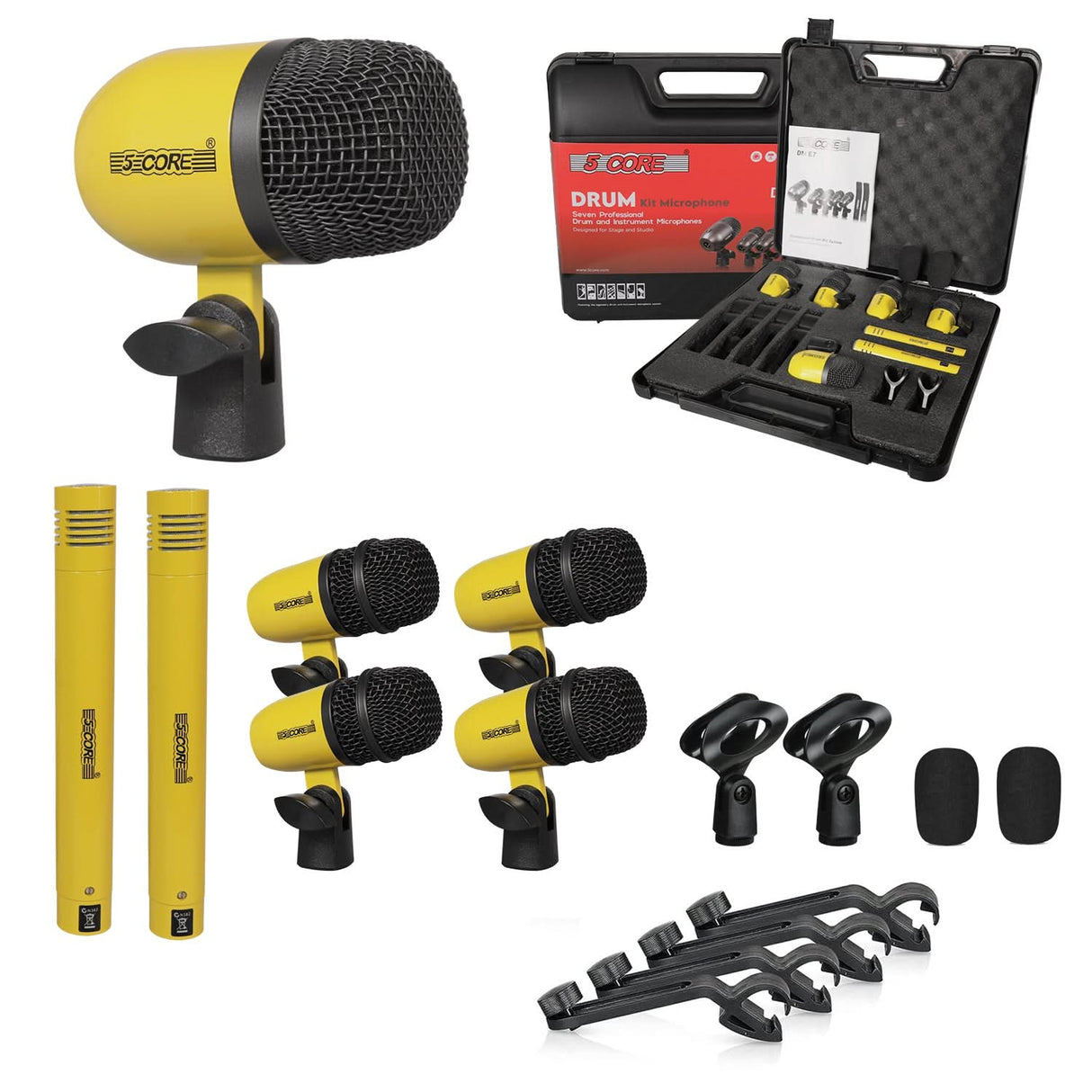5 Core Drum Microphone Kit 7 Piece All Metal Drummer Instrument Mics Tom/Snare & Cymbals Set