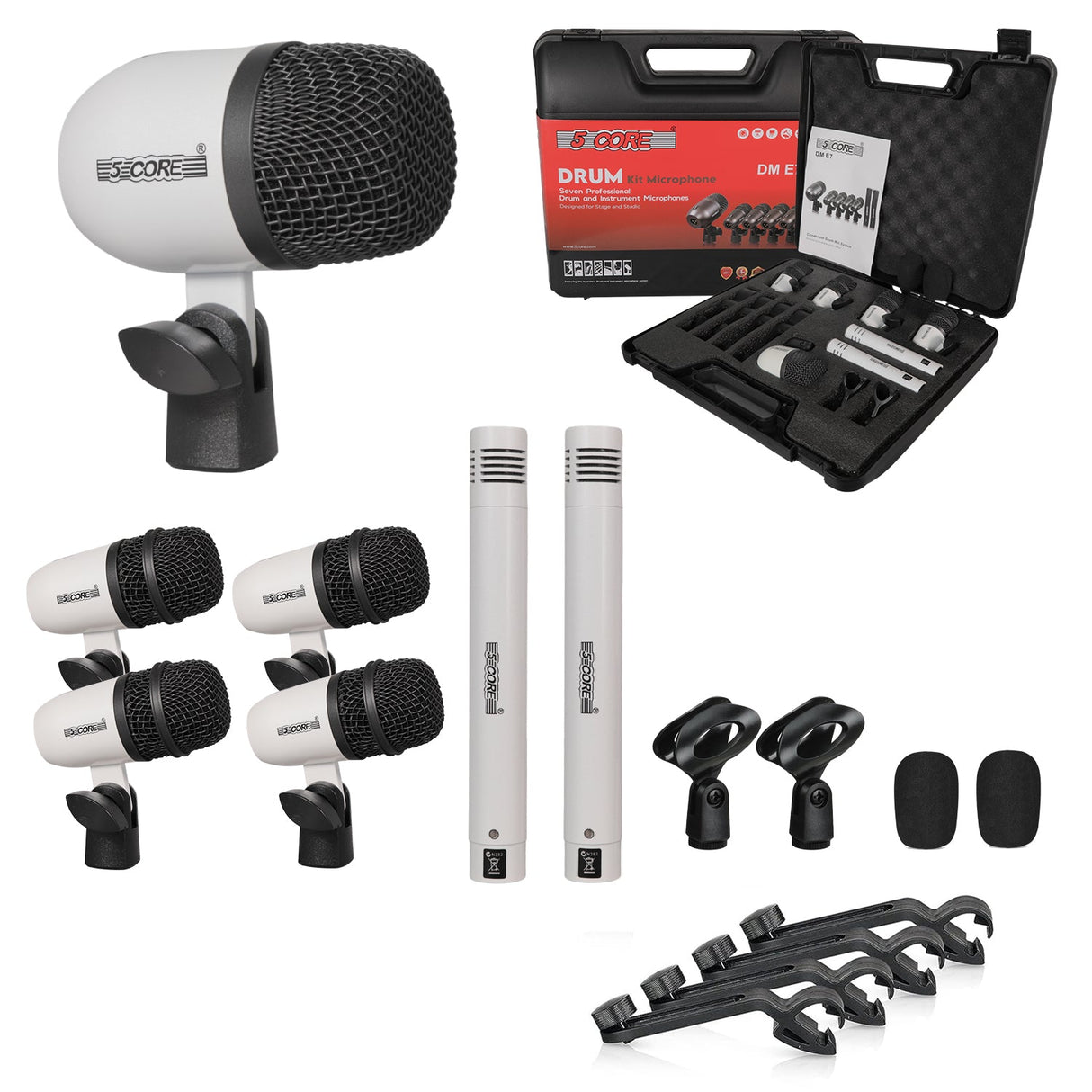 5 Core Drum Microphone Kit 7Pc All Metal Drummer Mics Tom/Snare & Cymbals Wired Instrument Drums Set