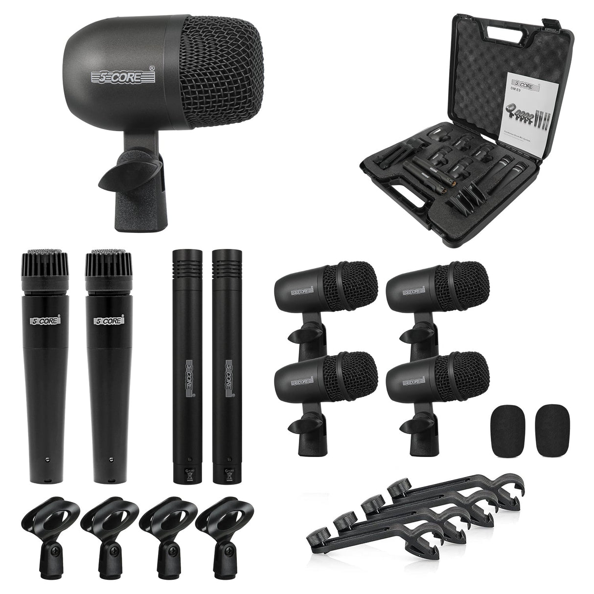 5 Core Drum Microphone Kit 9Pc All Metal Drummer Mics Tom/Snare & Cymbals Wired Instrument Drums Set