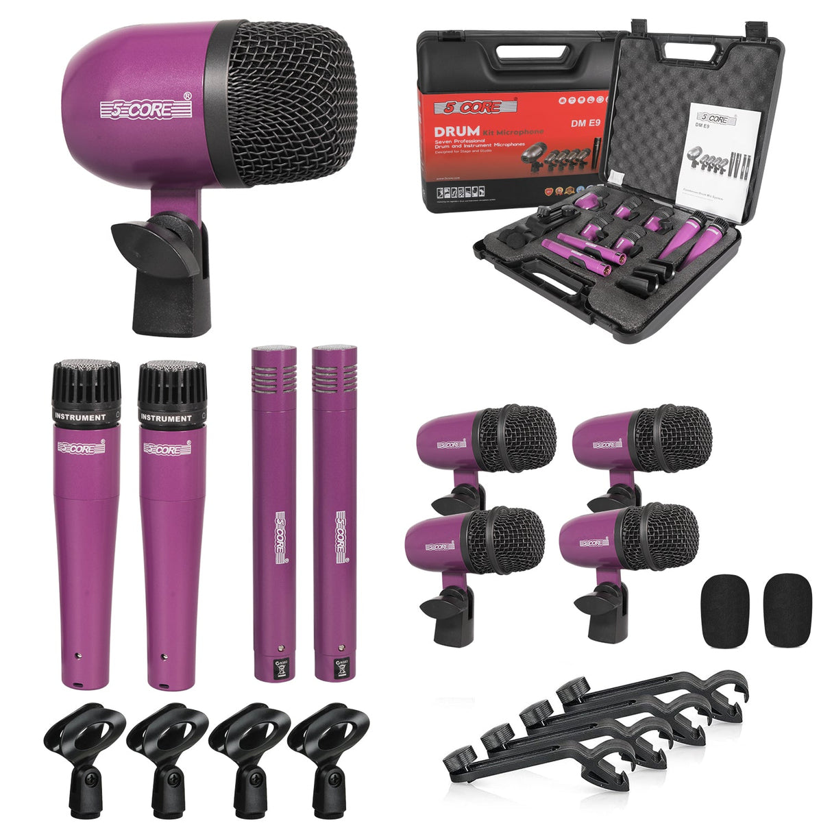 5 Core Drum Microphone Kit 9Pc All Metal Drummer Mics Tom/Snare & Cymbals Wired Instrument Drums Set
