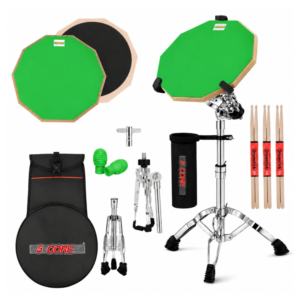 5 Core Drum Practice Pad Set 12" Snare Drumming Stand 2 Sided Drummer Kit