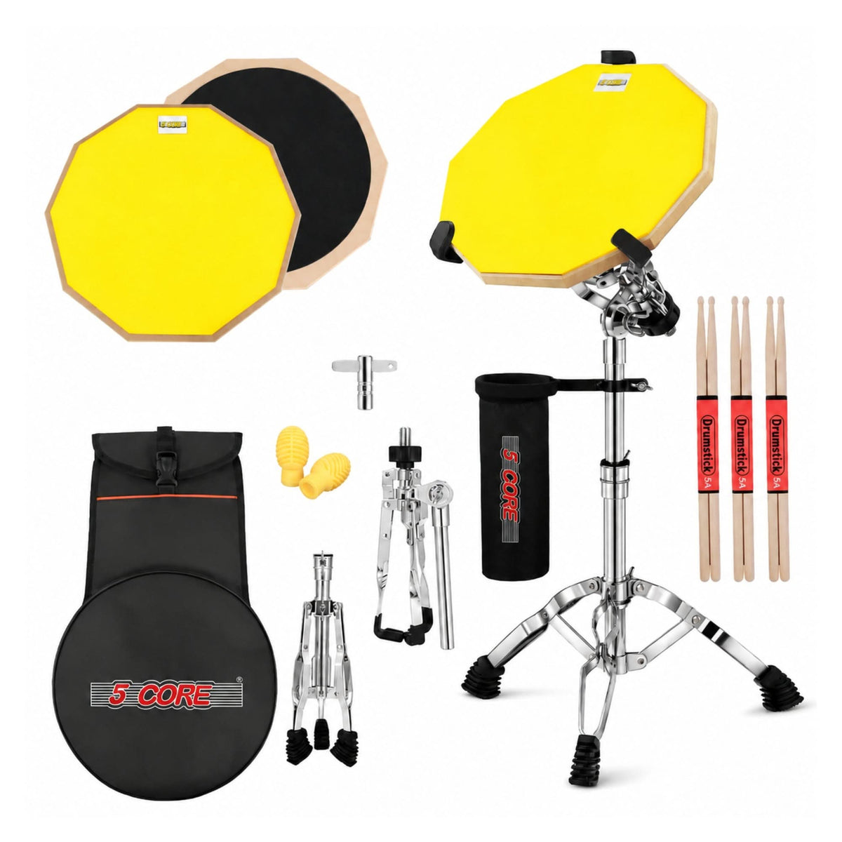 5 Core Drum Practice Pad Set 12" Snare Drumming Stand 2 Sided Drummer Kit