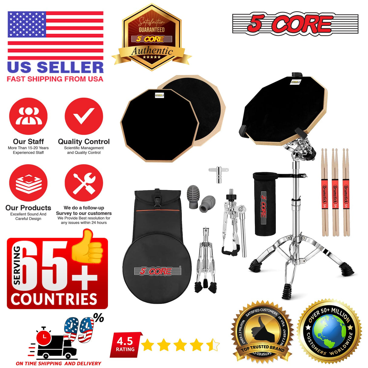 5 Core Drum Practice Pad Set 12" Adjustable Snare Drumming Stand Double Sided Silent Drummer Kit