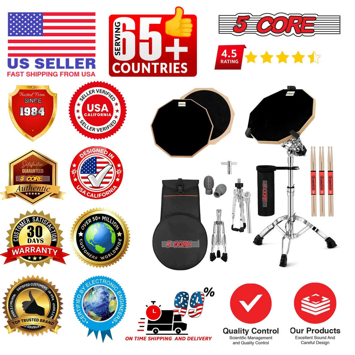 5Core Drum Practice Pad Set 12" Snare Drumming Stand Double Sided Silent Drummer Kit