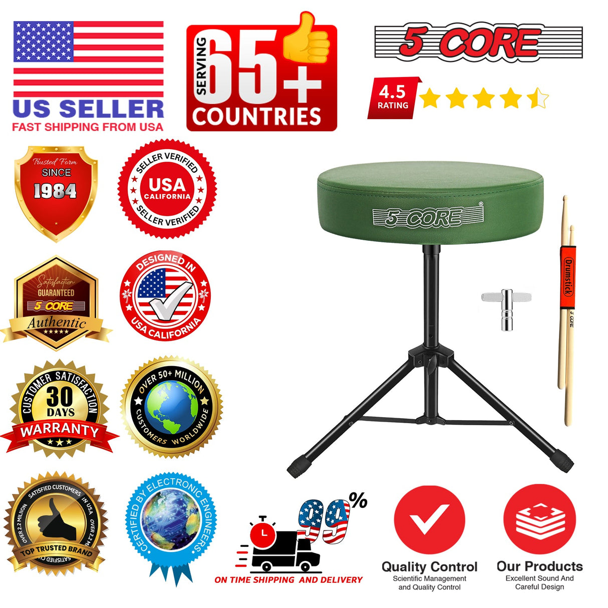 5 Core Drum Throne 3" Thick Padded Memory Foam Comfortable Drummer Stool 330Lb Capacity Adjustable