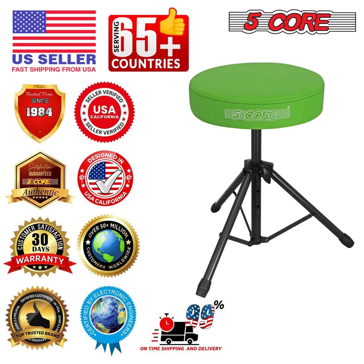 5 Core Drum Throne 3" Thick Padded Memory Foam Comfortable Drummer Stool 330Lb Capacity Adjustable