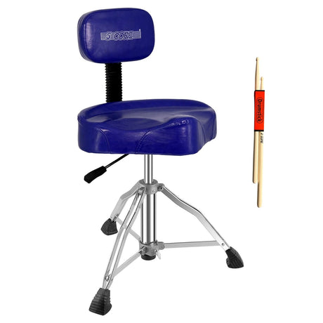 Blue drum throne with a pair of drumsticks