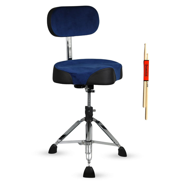Blue drum stool with black seat and backrest