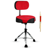 Red and black drum chair with a drumstick