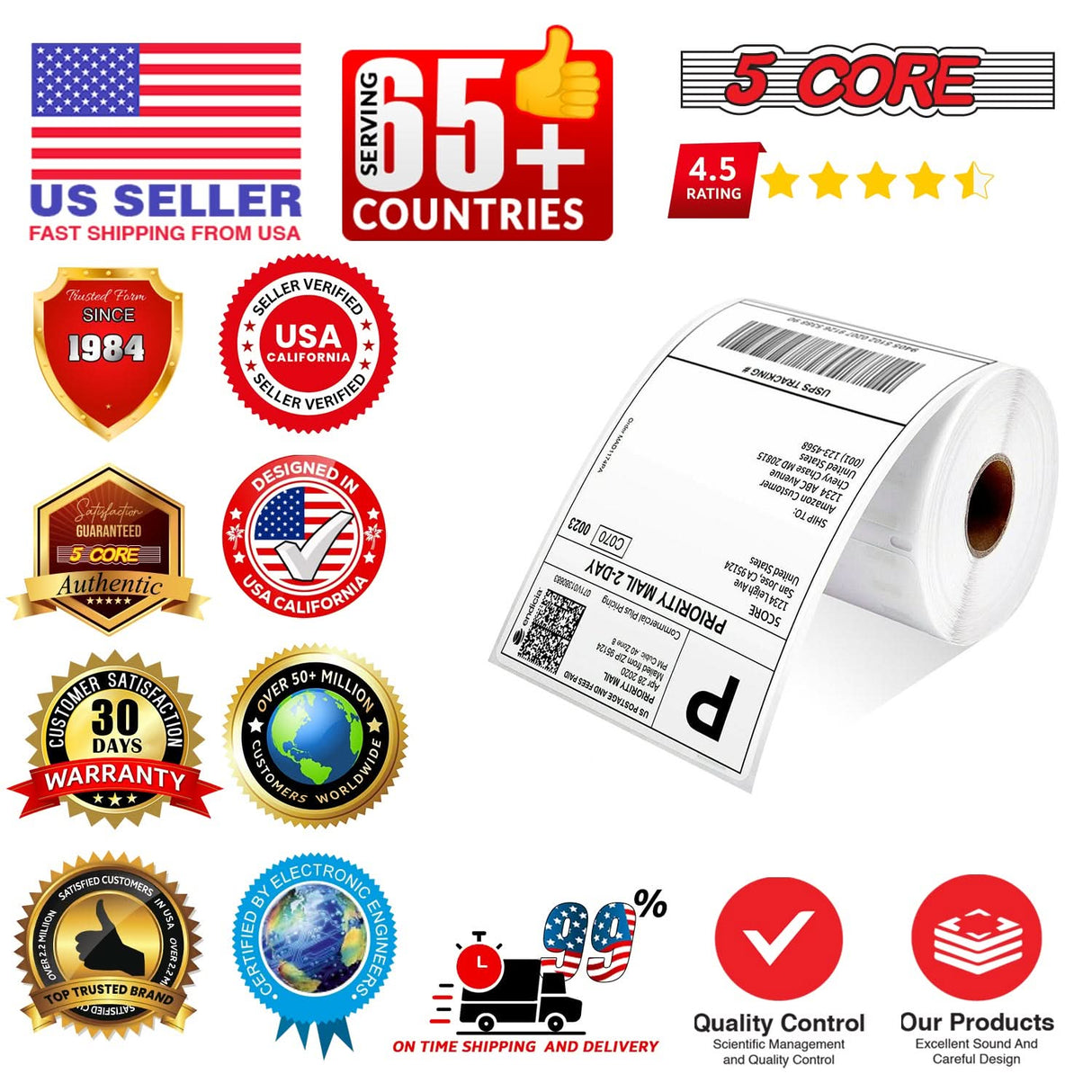 5 Core 4"x6" Direct Thermal Shipping Label/ 4x6 Roll Direct 4000Pcs Perforated paper Sticker/White