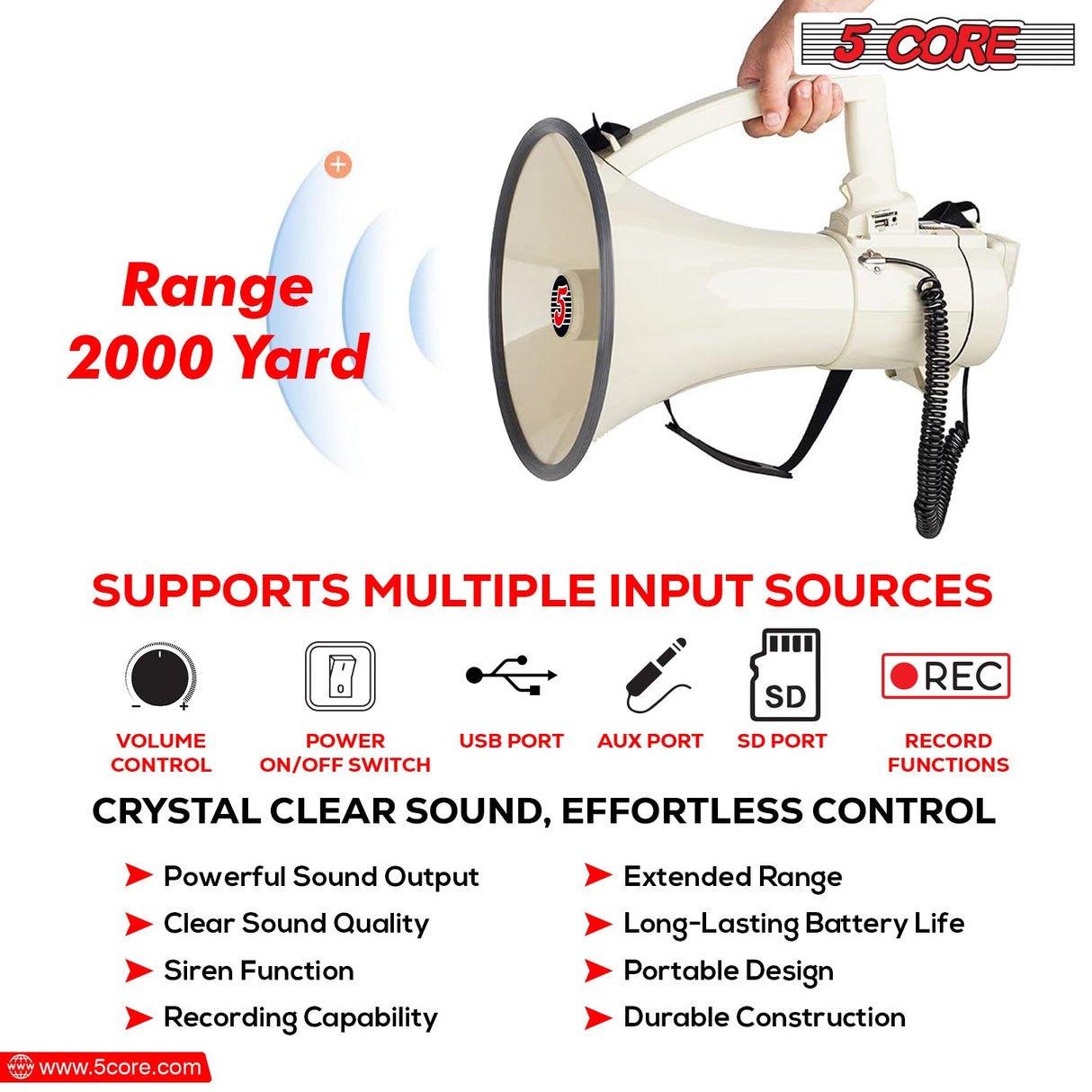 5Core Megaphone Bullhorn Speaker 100W Professional Bull Horn Battery Power Megafono 2000Yard Range