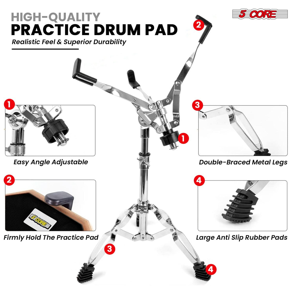 5Core Drum Practice Pad Set 12" Snare Drumming Stand Double Sided Silent Drummer Kit