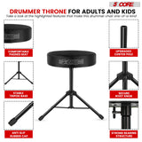Professional drum throne with cushioned seat and sturdy base for drummers. Adjustable height for comfort and stability.