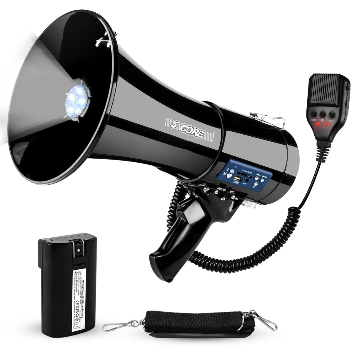 5 Core Megaphone 50W Bluetooth Rechargeable Bullhorn 1100 Yards Loud Siren w LED/USB/SD/AUX