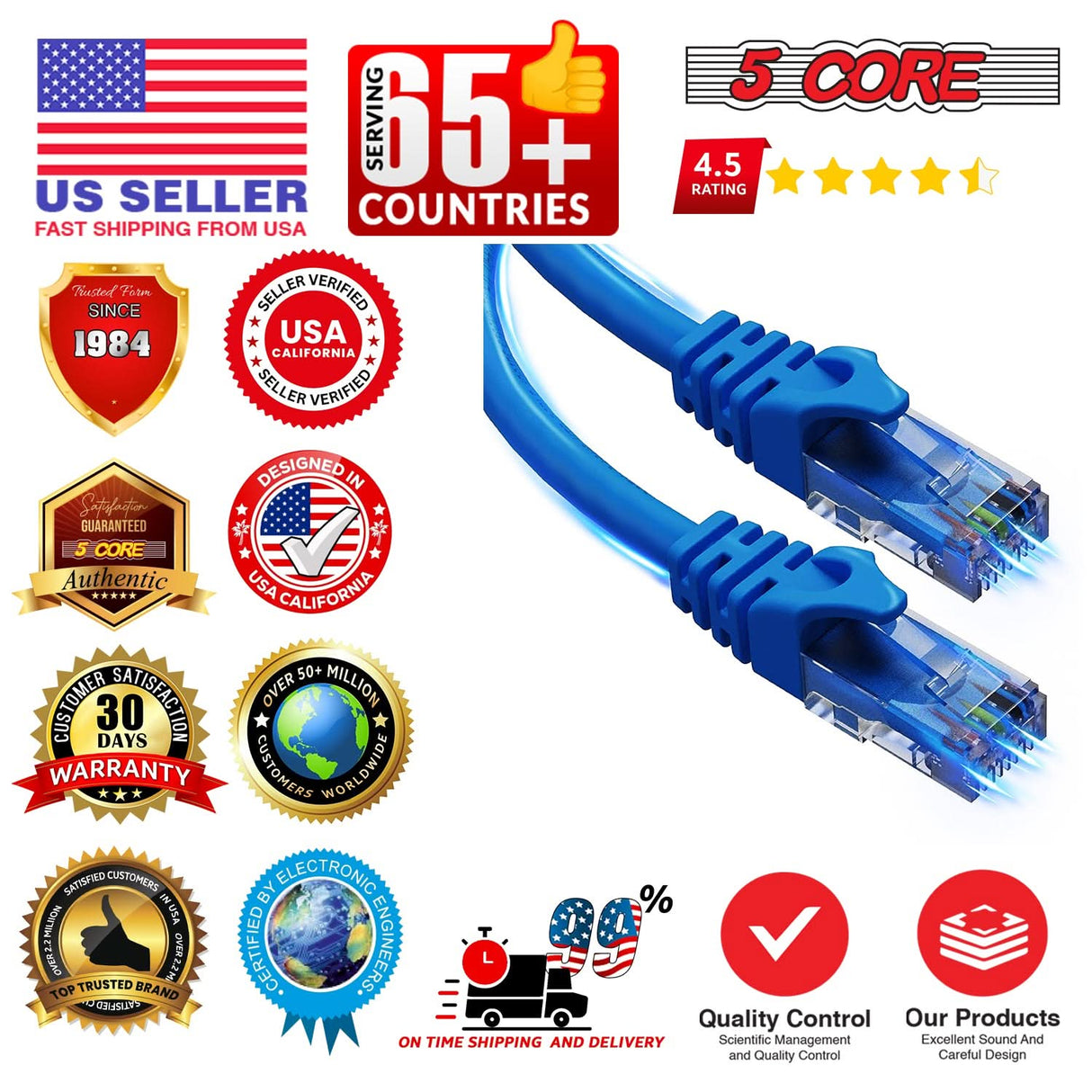 5Core Cat 6 Ethernet Cable Long Computer Internet Cables WiFi RJ45 Cord for Gaming
