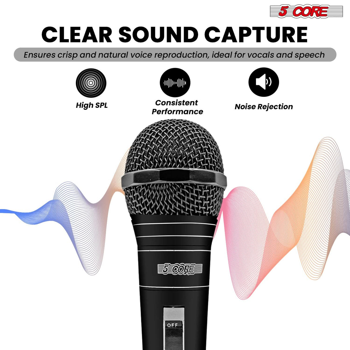 5 Core cardioid dynamic mic featuring convenient on/off button