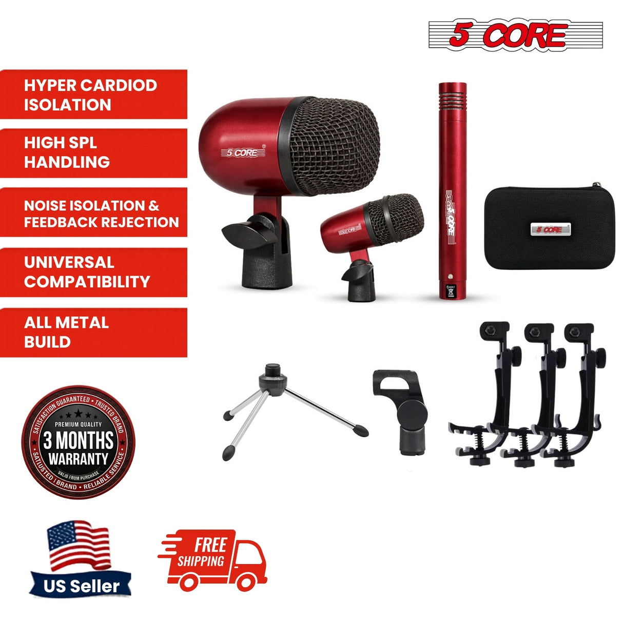 5 Core Conga Mic Snare Tom Set Professional XLR Cardioid Unidirectional Instrument Microphone Kit