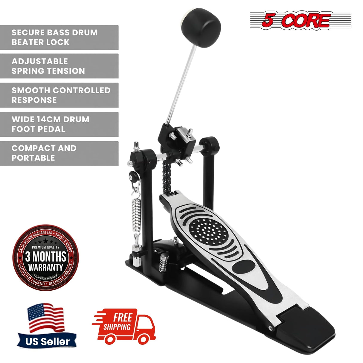 5 Core Bass Drum Pedal Mount Adjustable Felt Beater Head Single Chain Heavyduty Kick Drum Foot Pedal
