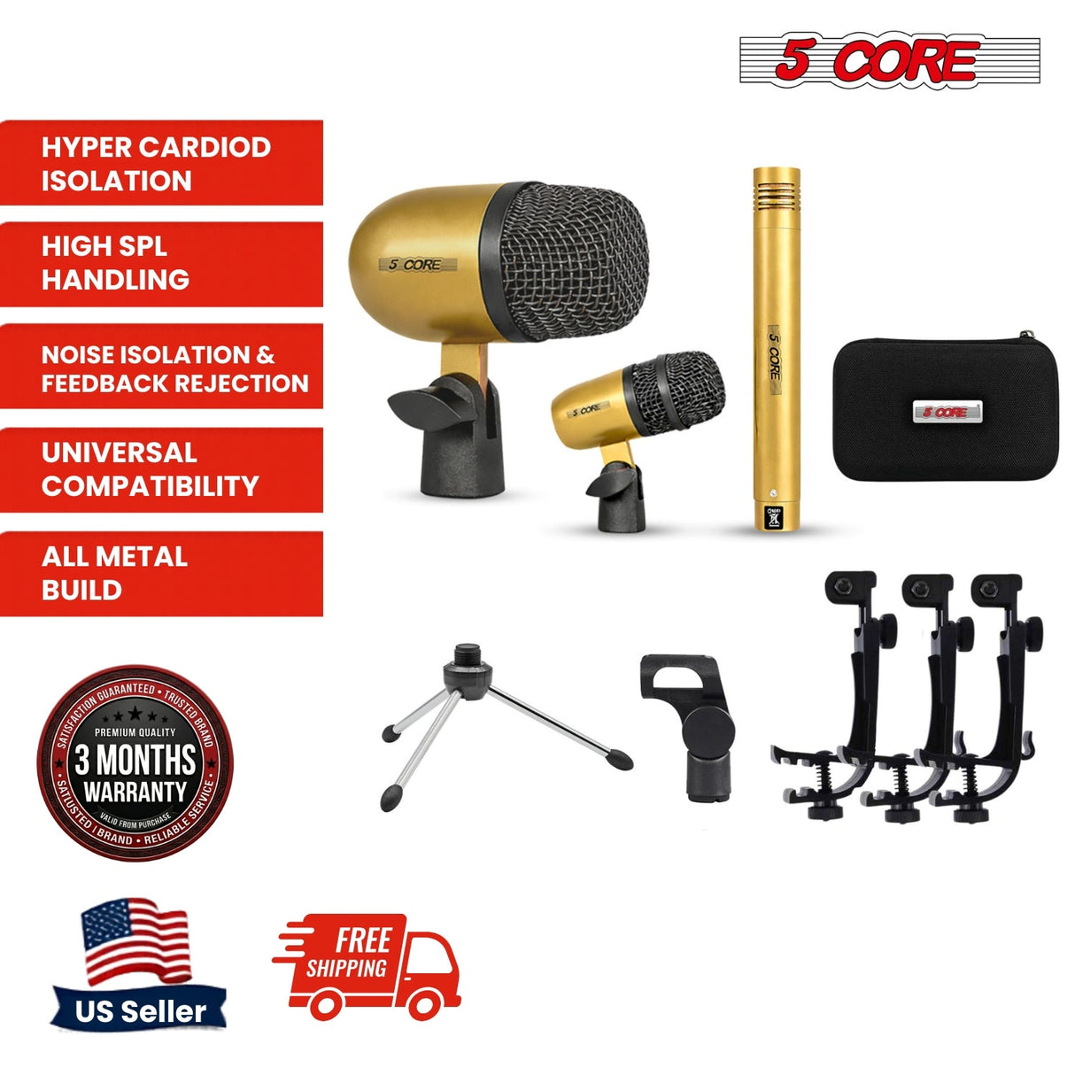 5 Core Conga Mic Snare Tom Microphone Drum Kit Condenser XLR Instrument Mics