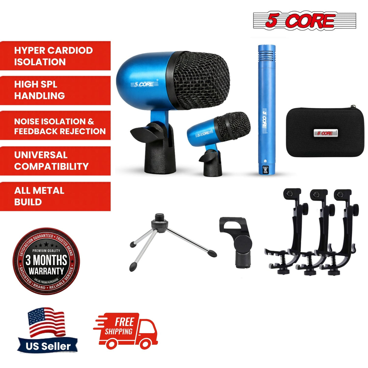 5 Core Conga Mic Snare Tom Set Professional XLR Cardioid Unidirectional Instrument Microphone Kit